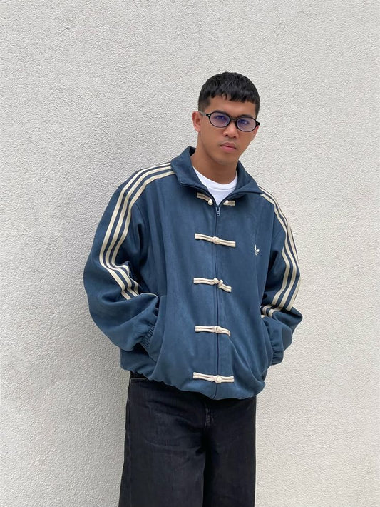 Navy Blue CNY Suede Jacket – Oversized Unisex Chinese-Inspired Streetwear
