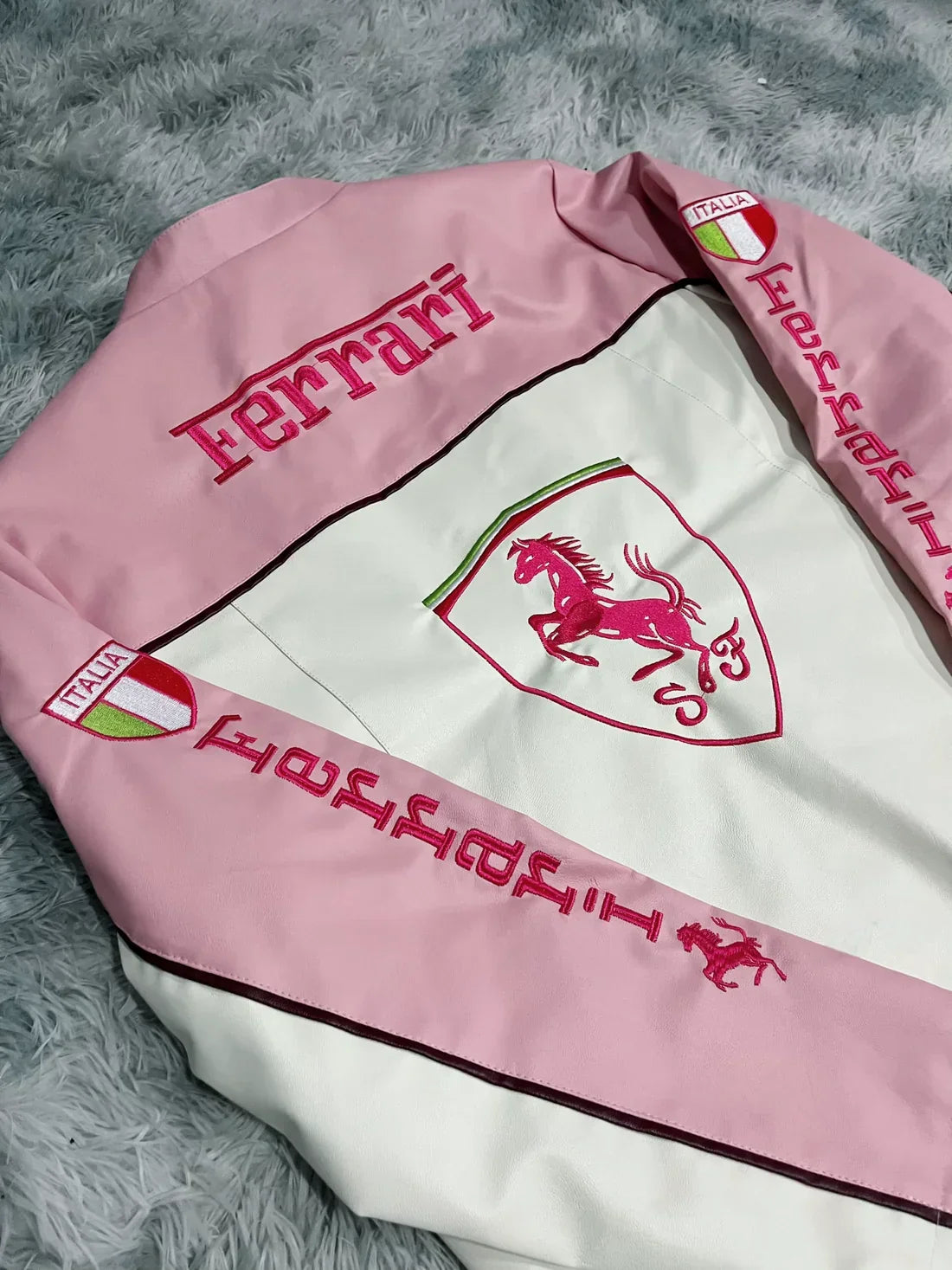 Pink Ferrari Leather Jacket – Luxe Motorsport Streetwear by WESTERNVIBE®
