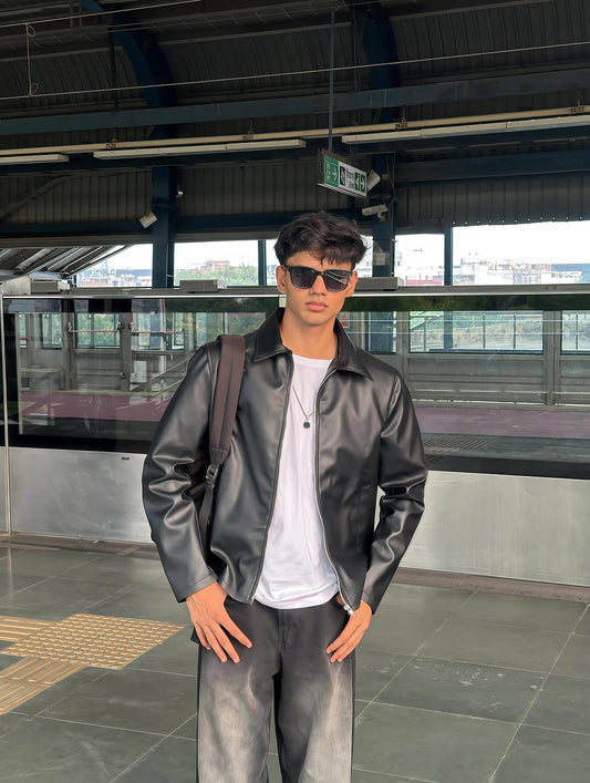 Black Boxy Premium Faux Leather Jacket for Men & Women | Westernvibe