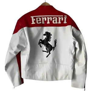 Ferrari White & Red Racing Leather Jacket – Bold Motoring Style | WesternVibe®