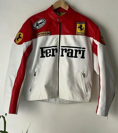 Ferrari White & Red Racing Leather Jacket – Bold Motoring Style | WesternVibe®