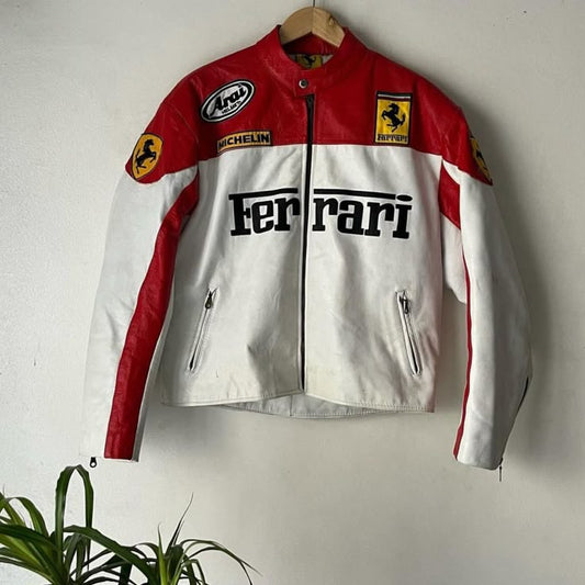 Ferrari White & Red Racing Leather Jacket – Bold Motoring Style | WesternVibe®