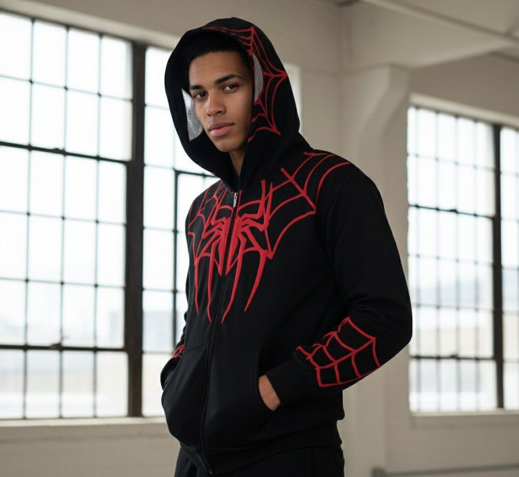 Black Red Spider Web Zip Hoodie – Graphic Streetwear Hoodie
