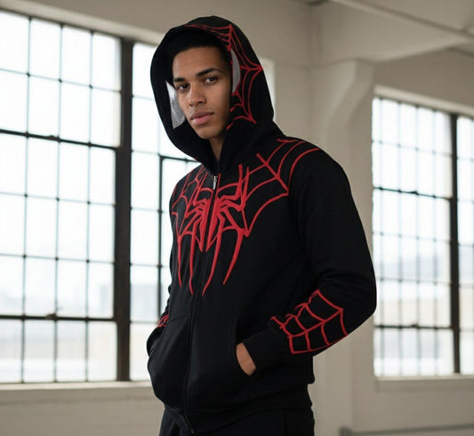 Black Red Spider Web Zip Hoodie – Graphic Streetwear Hoodie