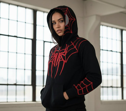 Black Red Spider Web Zip Hoodie – Graphic Streetwear Hoodie