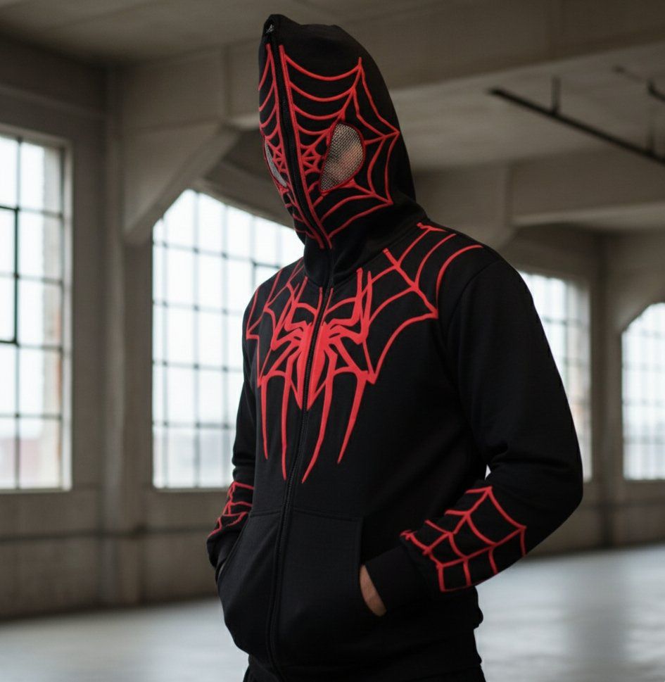 Black Red Spider Web Zip Hoodie – Graphic Streetwear Hoodie