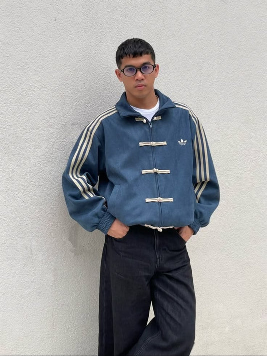 Navy Blue CNY Suede Jacket – Oversized Unisex Chinese-Inspired Streetwear