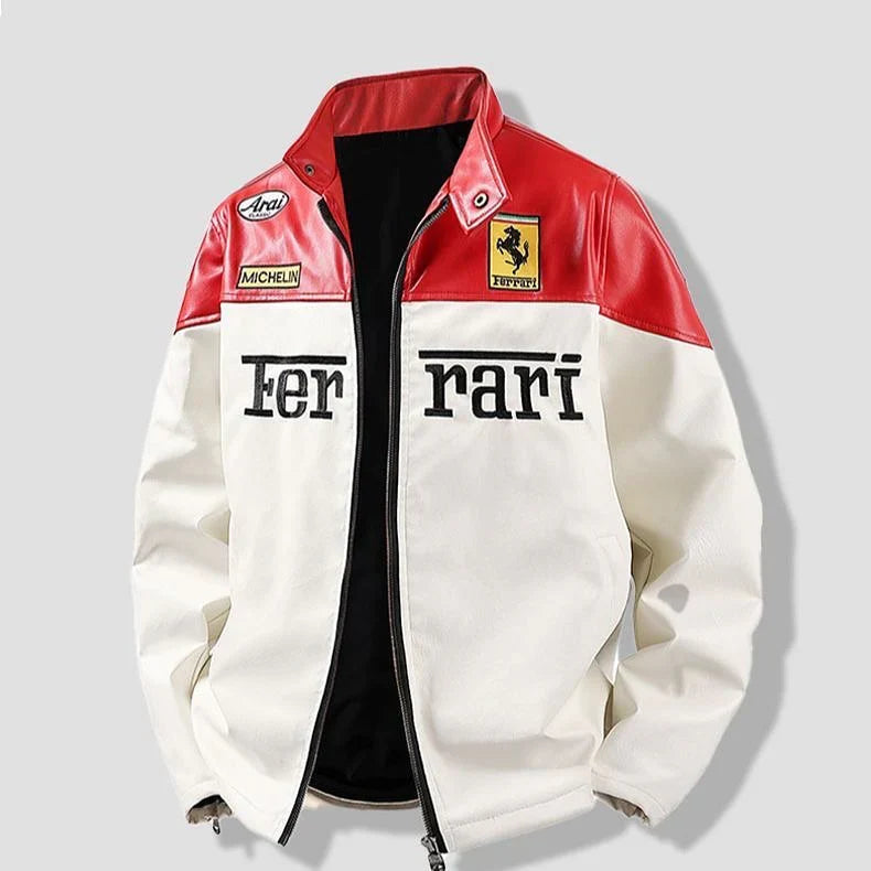 Ferrari White & Red Racing Leather Jacket – Bold Motoring Style | WesternVibe®
